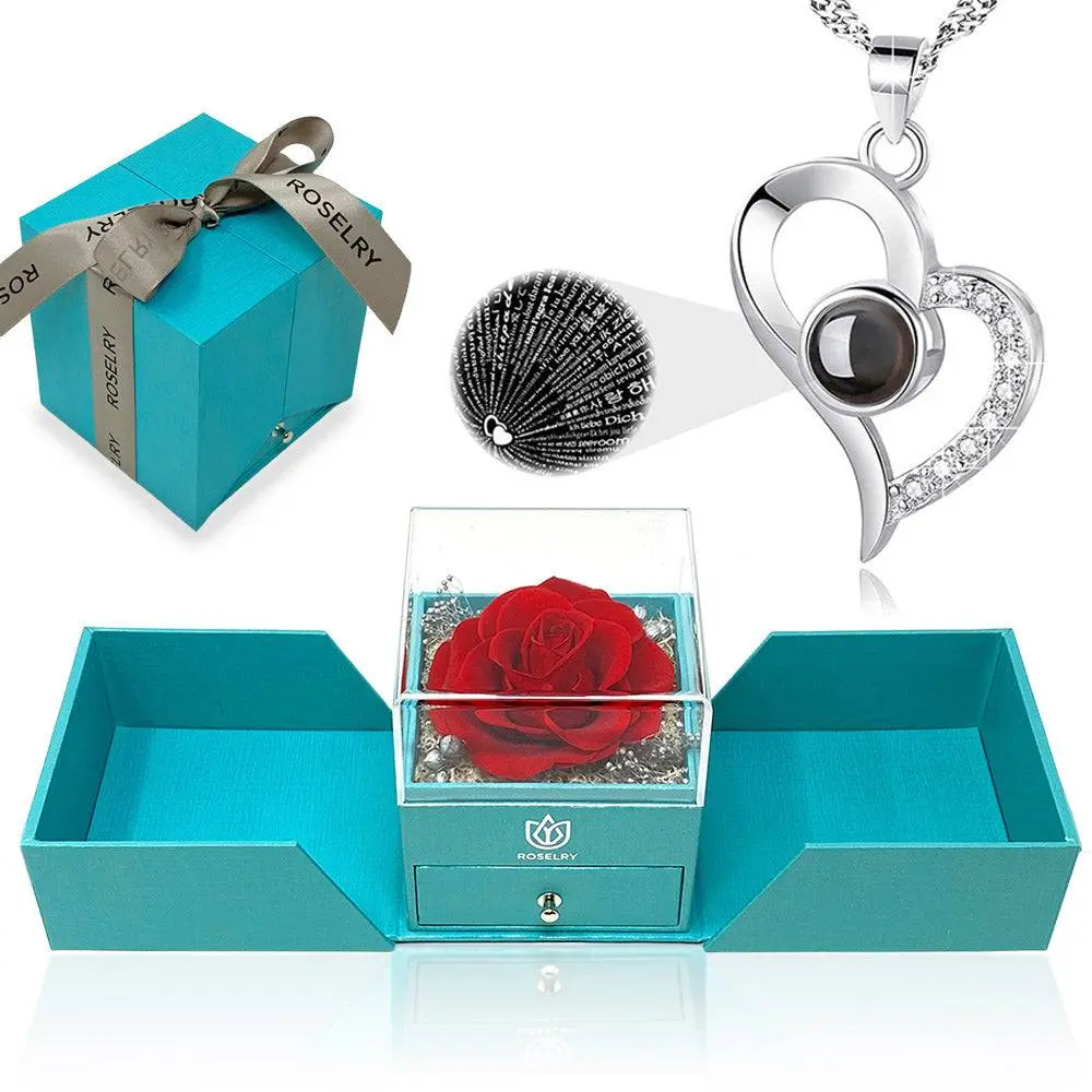 Forever red rose box I love you in 100 Languages necklace girlfriend accessory, Mother's day gift