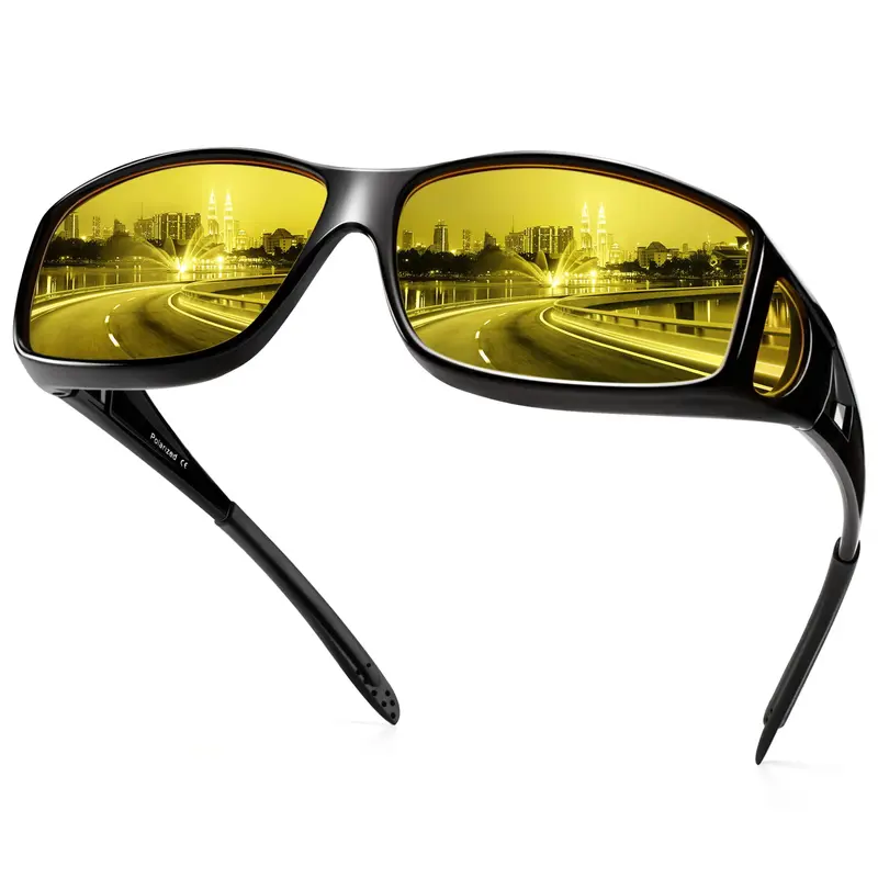 HAOLOTA Men's Polarized Rectangular Sunglasses - Full Rim TR90 Plastic Frame, Tinted Lenses, Anti-Glare HD Yellow TAC Lenses, Fit-Over Prescription Shades for Driving, Cycling, Fog/Cloud Clarity, Dark Nights Enhancement