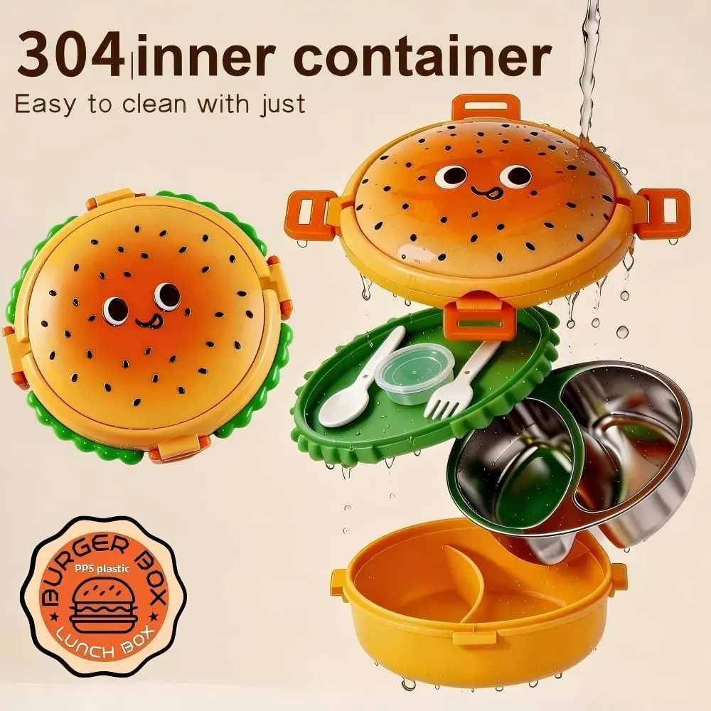 Cute Burger Lunch Box for Kids, 304 Stainless Steel Insulated Bento Box with Utensils & Sauce Container