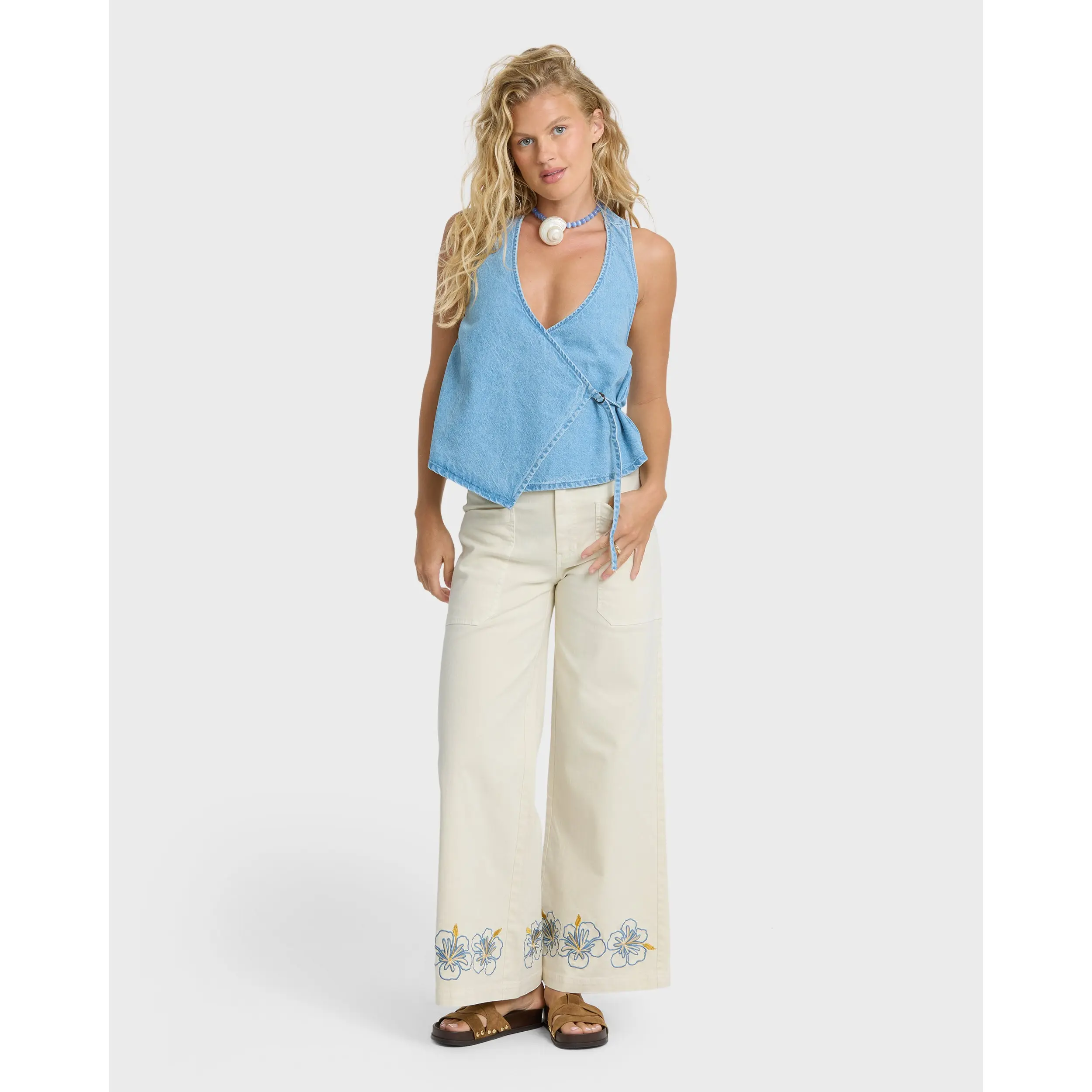Hibiscus Wave 5-Pocket Pants - White Cap