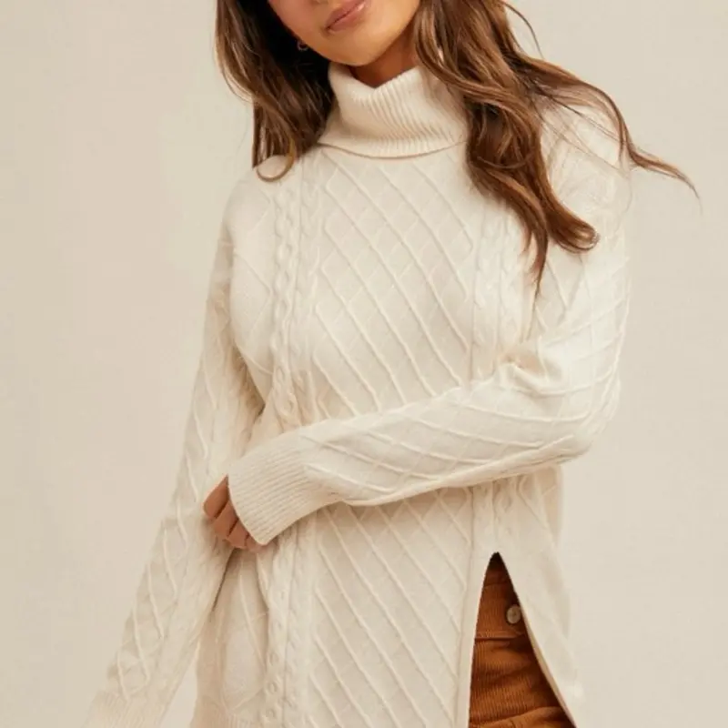 Cable Knit Split Hem Turtleneck Sweater - Cream Color, Long Sleeve, Casual Style for Women