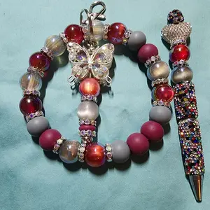 Burgandy and Gray Wristlet with Keychain and Matching Beaded Pen Durable Lock Wire Design