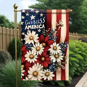 God Bless America Garden Flag 1pc Linen Material 18x12 Inches Double Sided Patriotic Design with Floral Accents for Lawn Yard Home Decor