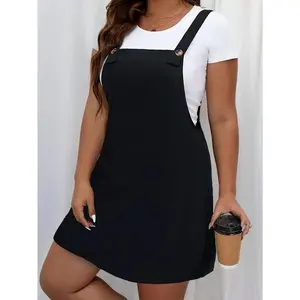 Elegant Plus Size Solid Color Knit Overall Dress with Pockets - Stretchy, Machine Washable, Square Neck for Women - Perfect for Spring/Summer/Fall Casual Polyester