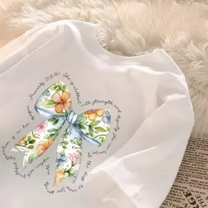 Korean Style Cotton T-shirt for Women Oversized Round Neck Casual Womenswear Breathable Tops Day Fabric Soft Thick Crewneck Floral Tshirt Streetwear Summer Shortsleeve White3