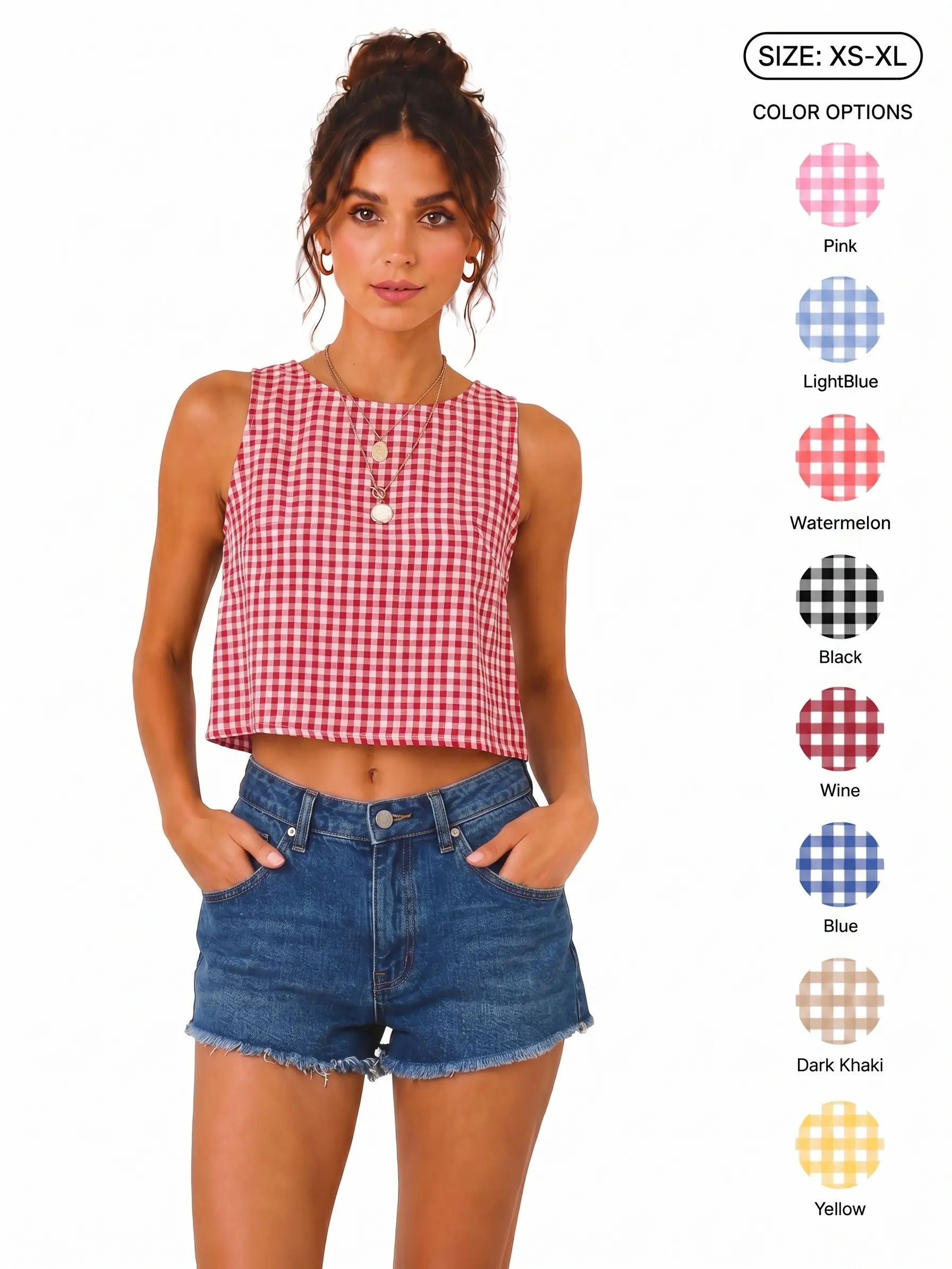 IDEALSANXUN Women's Gingham Crop Tank Top - 2026 Spring Summer Soft Cotton Fabric Sleeveless Vest, Flowy Ruched Cute Top for Beach Outfits, Women's Fashion Blouses & Clothes