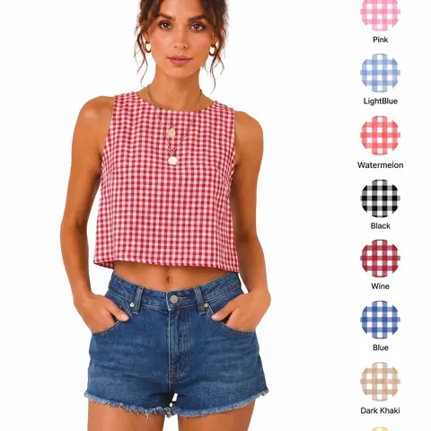 IDEALSANXUN Women's High Neck Plaid Cotton Cropped Tank Top - Flowy Ruched Sleeveless Blouse, Cute Shirt for Beach Outfits, Women's Tops