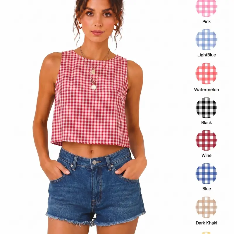 IDEALSANXUN Women's High Neck Plaid Cotton Cropped Tank Top - Flowy Ruched Sleeveless Blouse, Cute Shirt for Beach Outfits, Women's Tops