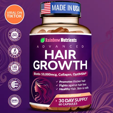 Rainbow Nutrients 24-in-1 Advanced Hair Growth Supplement with Biotin 10,000 mcg, Collagen & Saw Palmetto, Supports Hair Loss, Fuller Hair, Skin & Nails, 30-Day Supply