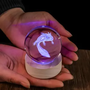 3D Axolotl Crystal Ball Night Light, 2.36 Inch Color Gradient, USB Powered Amphibian Statue, LED Atmosphere Lamp, Home Decor Gift