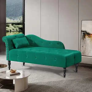 60.6" Chaise Lounge Indoor Velvet Button Tufted with Pillow, Nailhead Decorate Rolled Arm Chaise Lounge for Bedroom Living Room