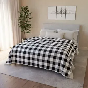 Black White Gingham Fleece Sherpa Blanket, Throw Blanket, Home Decor, Soft, Comfy Blanket