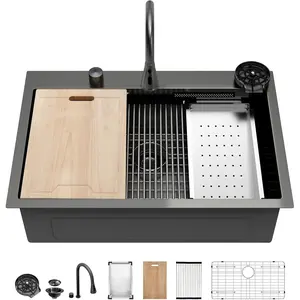 Kichae 33 Inch Waterfall Sink Drop In - 33x22 Drop In Waterfall Kitchen Sink 304 Stainless Steel 16G Handmade Single Bowl Workstation Sinks with Faucet Combo & Glass Rinser