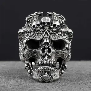 Stainless Steel Gothic Skull Rings for Men Band Ssilver Skeleton Cocktail Party Ring Adjustable Men's Ring Exquisite Jewelry Daily Outfit Decor Men Jewelry Halloween Jewelry