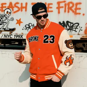 Classic Men's Baseball Jacket 100% Polyester Durable Orange & Apricot Colorblock BRONX Skull "23" Graphic Varsity Coat Y2K Vintage Retro Old-School Casual Sports SWAG Streetwear Light Fleece-Lined Winter Jacket Trendy Gift for Boyfriend - Menswear Striped