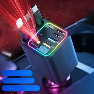 120-watt ultra-fast car charger, equipped with 3 extendable data cables, capable of fast charging multiple devices simultaneously, featuring LED voltage display and RGB seven-color star atmosphere lights