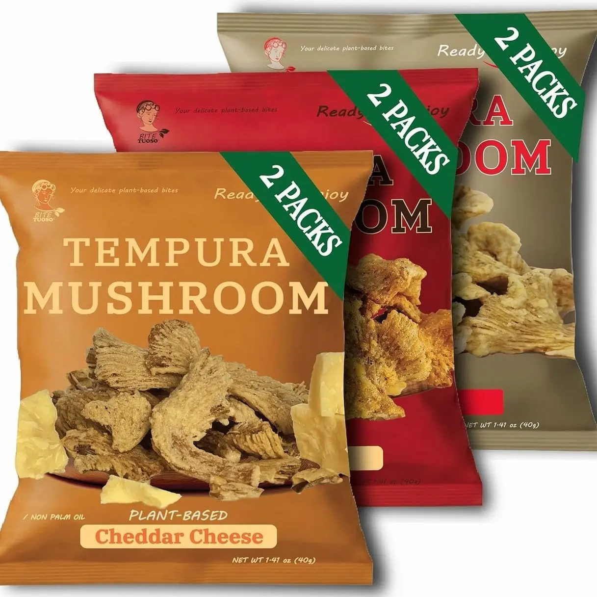 BITETUOSO Tempura Oyster Mushroom Chips, Non-GMO, Asian Crunchy Chips, Vegan, Plant-Based Original, BBQ, Plant-Based Cheddar Cheese Flavor (1.41 oz, 6-Pack), Individually Wrapped Snack Pack