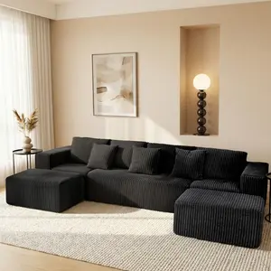 [3 Pack]  Niccae  Modular U-Shaped Sectional Sofa, 132-inch 4-Seater with Reversible Chaise Lounge – Black Striped Corduroy Fabric, Modularly Adjustable for Living Room & Bedroom, Feat. Freely Configurable Layout.