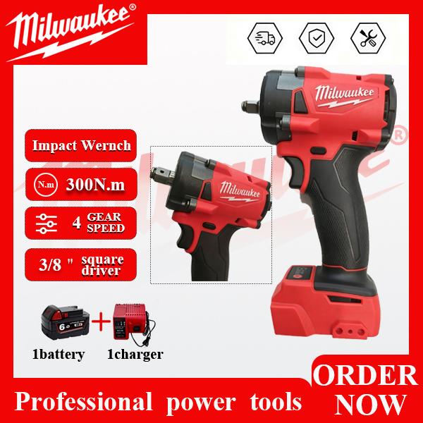 Milwaukee M18 3/8" Square Drive Brushless Cordless Impact Wrench - 300.m Max Torque, Variable Speed, Tool Only or Kit with 1 Battery & Charger for Automotive Repair and Maintenance