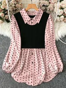 Fashion Polka Dot Contrast Panel Long-Sleeve Blouse Casual Blouse Tunic, Curve Plus Size Loose Casual Tops Y2K Clothes Street Style Daily Date Wear Cute Party Outfits Cozy Home Wear Casual Fashion Chic Womenswear Casual Collared Shirt