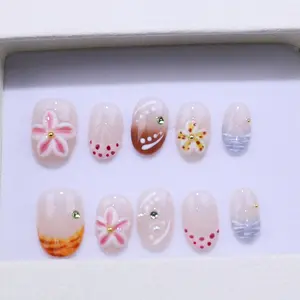 Handmade Flower Press On Nails, Almond Nails, 3D Gel Flower False Nail,  Wedding,Party,Prom,Birthday Nails