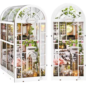 [Coffee Garden] DIY Book Nook Kit, Miniature Dollhouse with LED Light, 3D Wooden Puzzle, Handmade Craft, Home Decor, Ornament Bookshelf