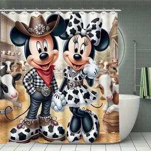 DISNEY CLASSIC Mickey Mouse Cowboy Theme Polyester Shower Curtain - High-Quality Home Bathroom Decoration for New Year & 4 Seasons Use