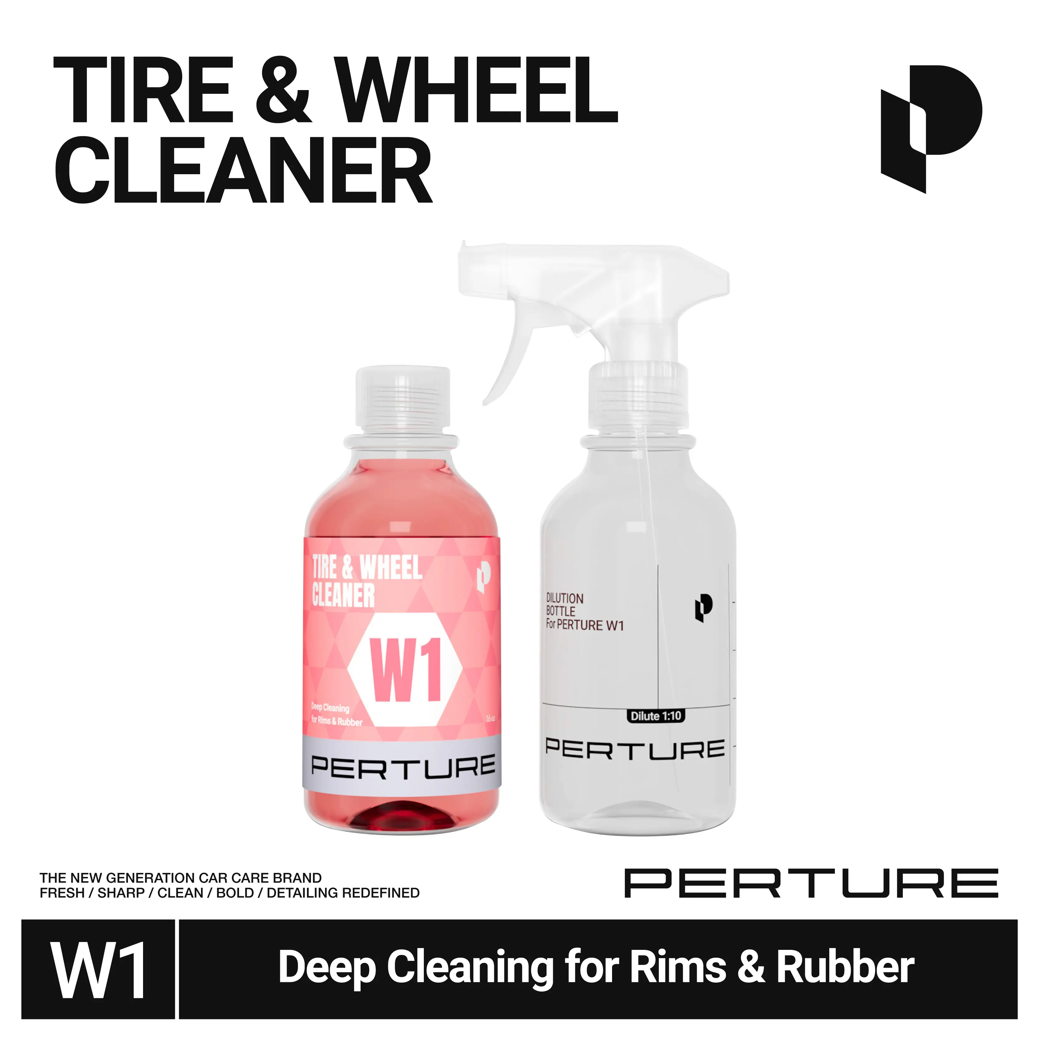 PERTURE W1 Tire & Wheel Cleaner | Deep Clean for Rims, Tires & Brake Dust | Removes Yellowing, Oxides, Road Grime & Metal Contamination | Safe on Rubber & Most Wheels | Fast-Acting Formula