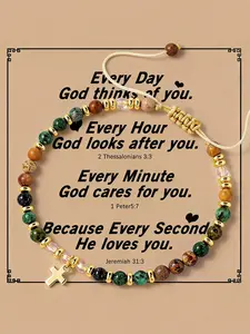 Boho Natural Stone Strawberry Quartz Cross Bracelet, Adjustable Woven Rope, Colorful Gemstones, Faithful Gentle Accessory, Women's Gift, Cross Charm, Symbolic Accessory, Every Day