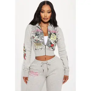 Ed Hardy Rose And Sword Zip Front Hoodie - Heather Grey I