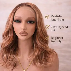 Watered Souls Gretchen 16" premium synthetic wig in Amber Lit Sunset.   13x4 Lace front, 120 density, Scandinavian hairlne.  Heat Tolerance 350.  She comes with a free wig cap and gift.3 combs, 2 adjustable straps, 1 removable band. closed wefted