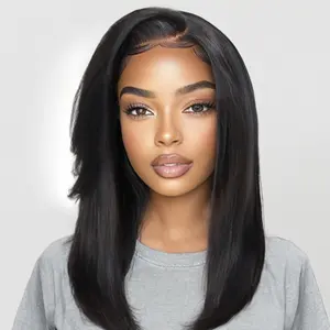 【NEW】Natural Look Yaki Texture Layered Bangs Mid-Length Wig With Drawstring Put On & Go Human Hair Glueless Bob Style 7x5 Pre-Cut Lace & Natural Scalp Summervibes TikTokShopStockUp