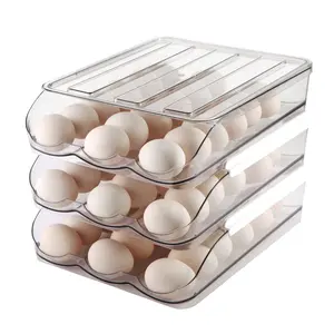 Large Capacity Egg Holder,Automatically Rolling Egg Storage Container for Refrigerator,Egg Organizer for Fridge with Lid,Clear Plastic Egg Dispenser,Egg Tray & Box -3 Layer