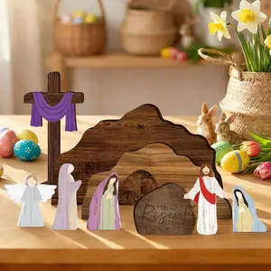 Easter Scene Wooden Decorations - Empty Tomb Resurrection Scene Christian Cross Decor - Religious Jesus Nativity Decorations for Home Table Office