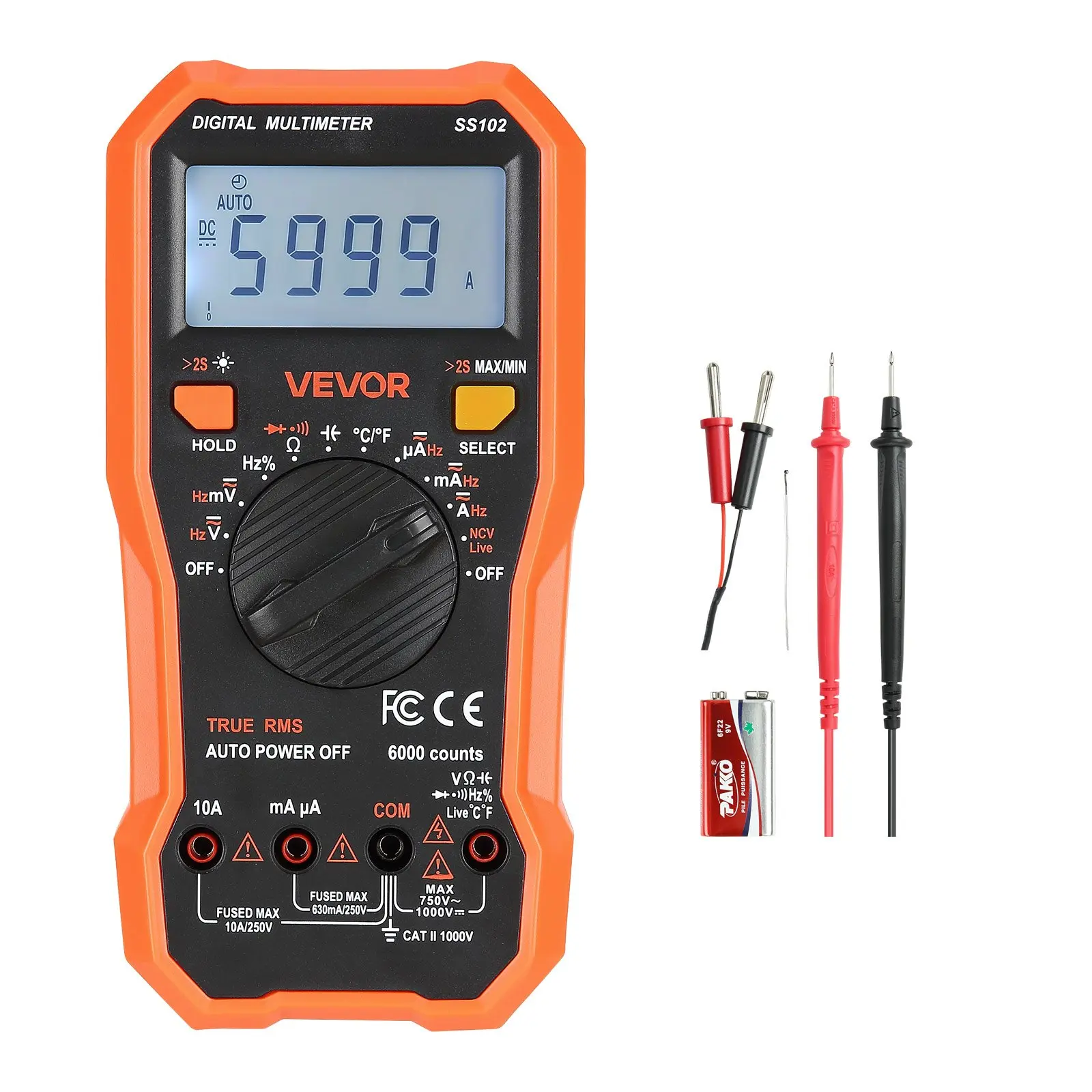【Summerfinds】VEVOR SS102 Digital Multimeter - 6000-Count Digital Multimeter, 1000V TRMS DC/AC Voltmeter Current Tester, NCV Function, Live Wire Detection, Backlight LCD Display, Plastic Body Professional Hand Tool for Appliance Test, 7.72x3.82x1.69in, Ss1