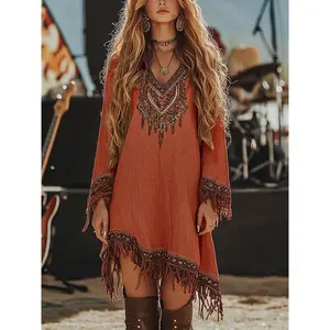 Plus Size Vintage Western Denim Dress ?C V-Neck Lace Patchwork Long Sleeve Boho Casual Polyester Summer Straight Womenswear