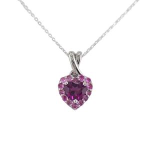 Sterling Silver Rhodolite Garnet Heart and Pink Sapphire Halo Pendant Necklace