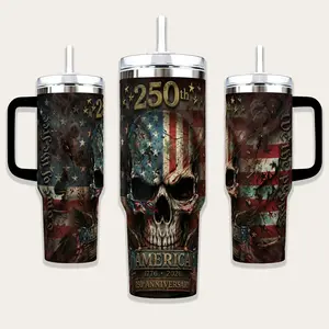 250th Anniversary USA Skull Tumbler 40oz, American Flag Patriotic Stainless Steel Insulated Mug, 1776–2026 Independence Day Gift