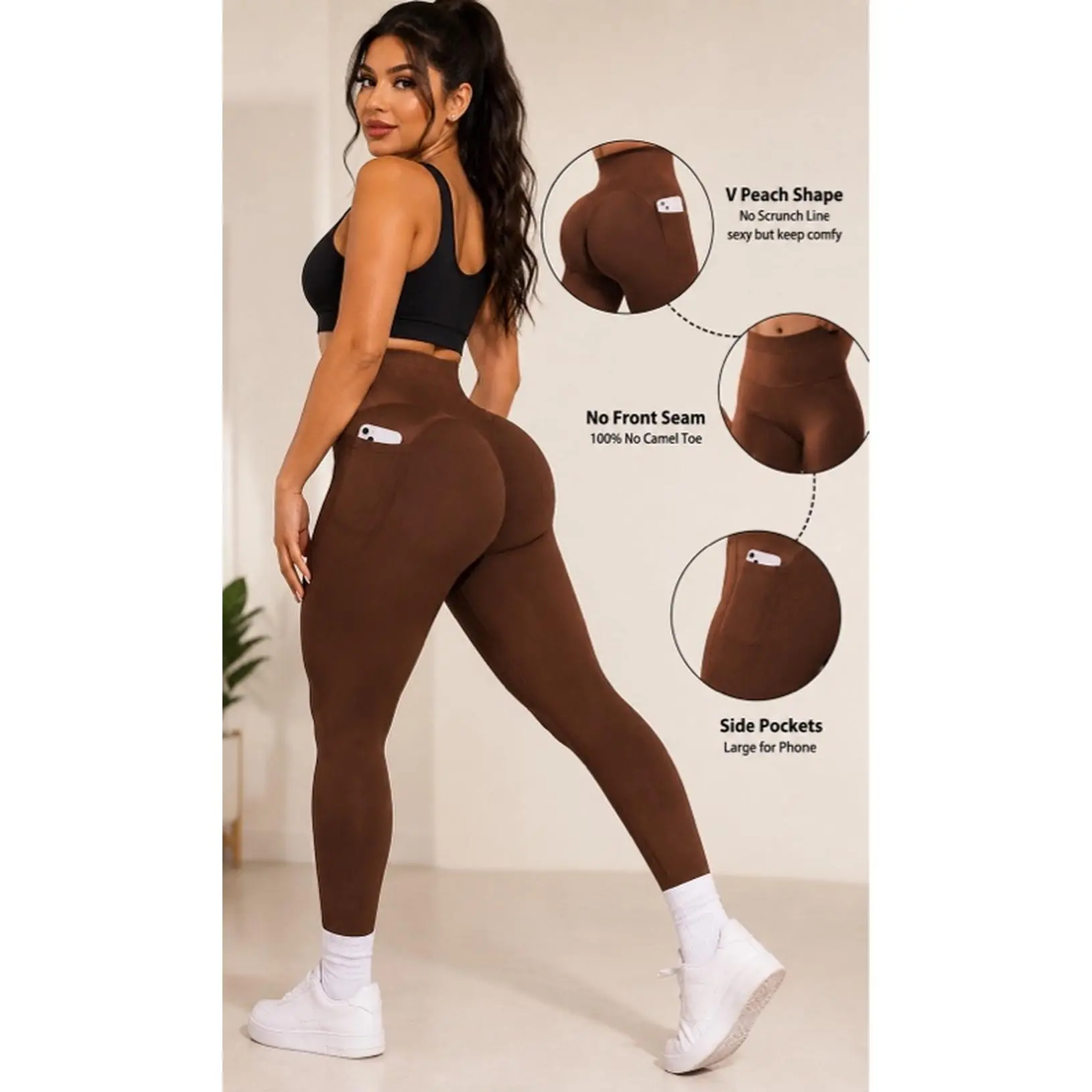 Elevate Pocket Leggings High-Rise Compression Waistband Seamless V-Back No Front Seam Four-Way Stretch Fabric with Deep Side Pockets for Phone