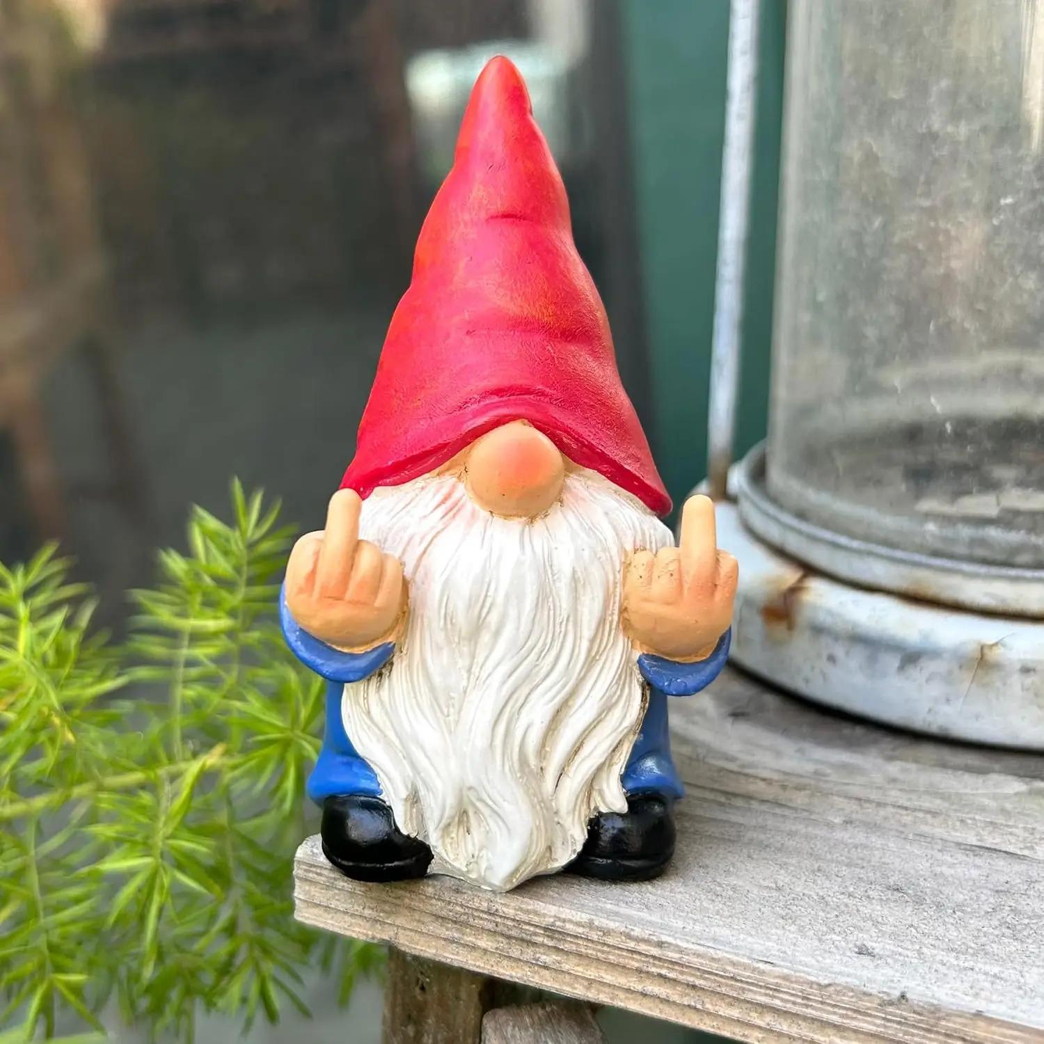 Funny Double Middle Finger Dwarf Gnome Resin Statue Novelty Outdoor Lawn Courtyard Ornament Creative Home Garden Landscape Decoration Resin Art Craft Decor