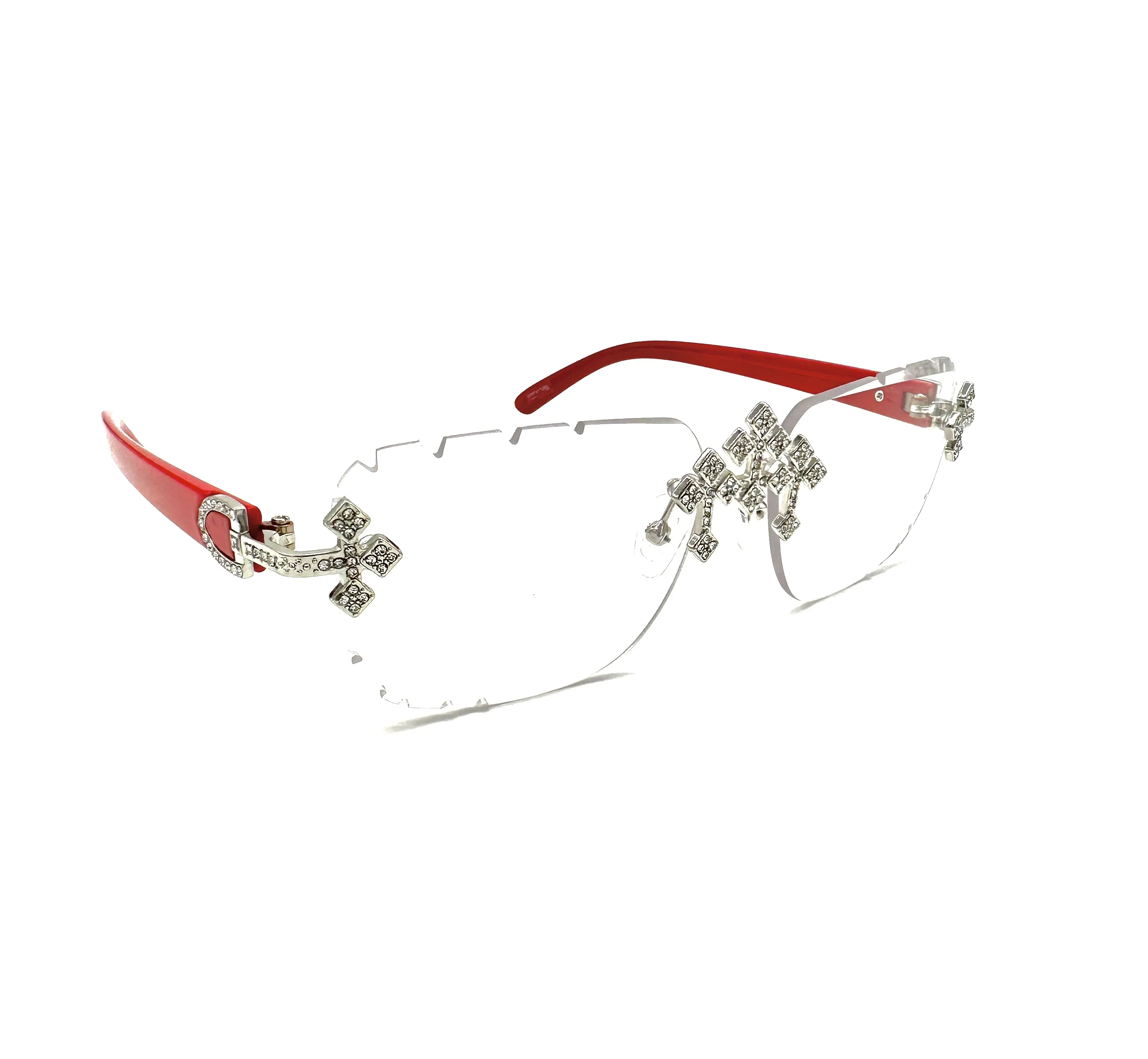 Gold/Silver Triple Cross ICED-OUT Red Frame Statement Non-Prescription Glasses
