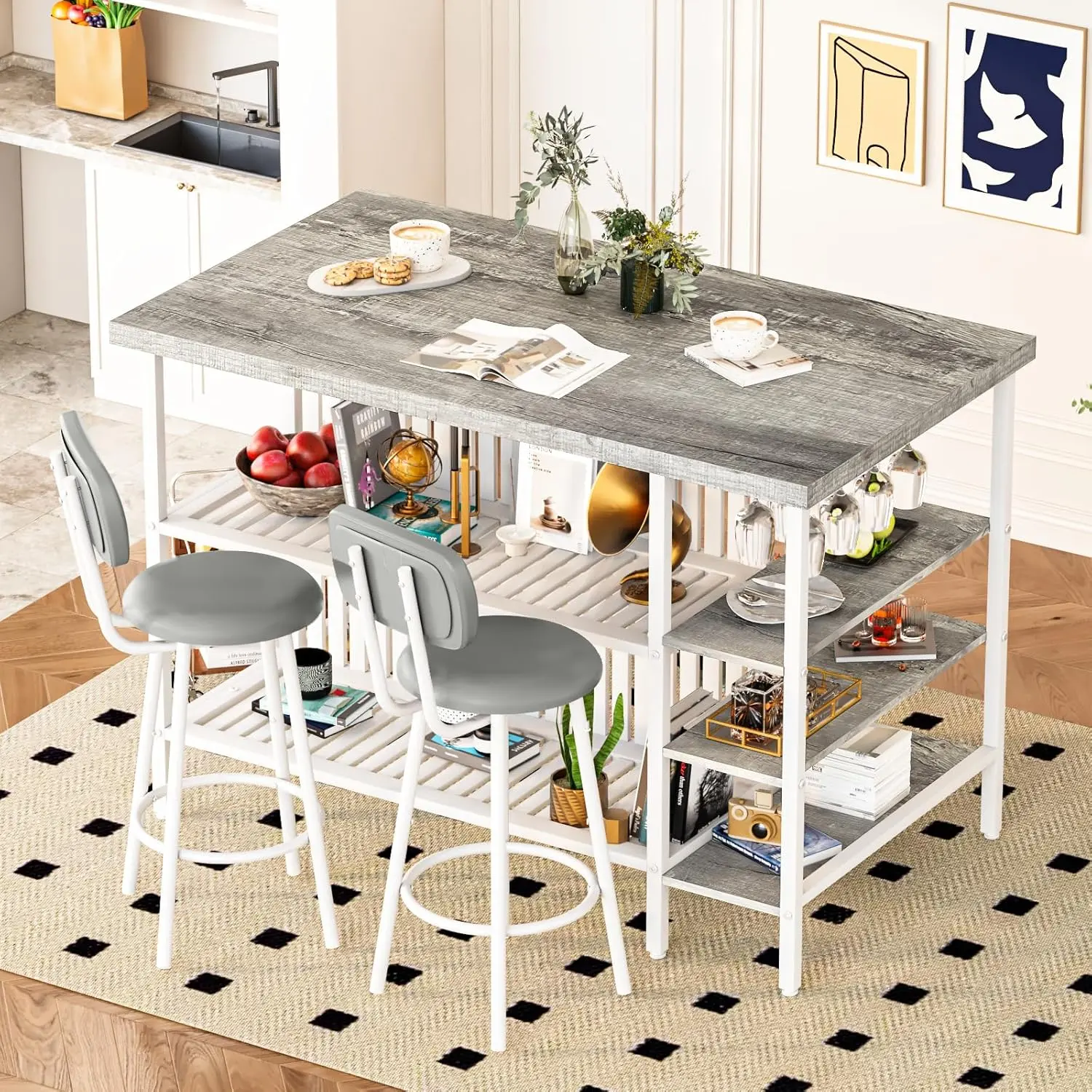 Hooseng 3-Piece Kitchen Island Set with 2 PU Stools | Small Dining Table with 5 Open Shelves | Easy Assembly & All Tools Included | Bistro Table for 2, Kitchen & Small Spaces