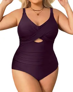 Daci Plus Size One Piece Swimsuits Tummy Control Bathing Suit for Women Cutout Swimwear with Sweetheart Neckline & Ruched Details in Purple