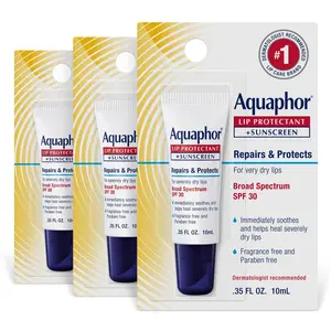 Aquaphor Lip Repair with Sunscreen SPF 30 Long-Lasting Moisture & Lip Protection 0.35 Oz Tube Pack of 3 with Shea Butter Glycerin Oil Ointment - Moisturize Nourishing