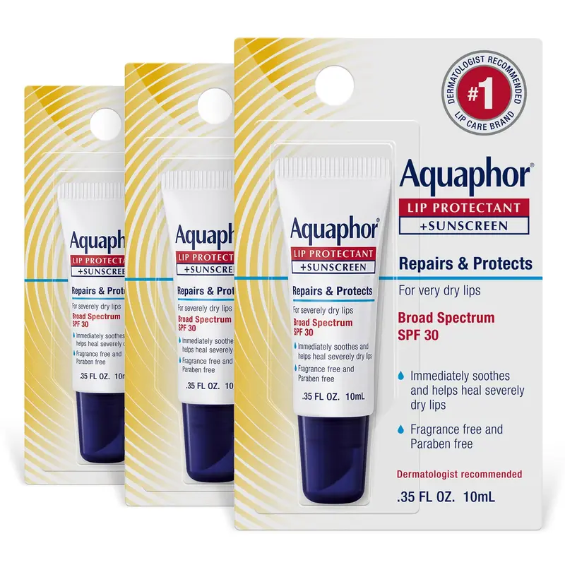 Aquaphor Lip Balm Lip Repair Sunscreen Moisturizer (SPF 30, 0.35 fl oz, 3 Tubes) - Nourishing Ointment with Shea Butter, Glycerin, Oil, 6.75% Octinoxate for Daily Sun Protection & Long-Lasting Moisture