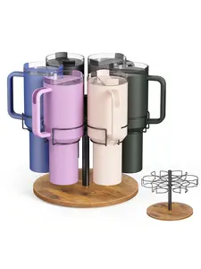 Rotating Water Bottle Organizer for 40 oz Tumblers with Handle – Cup Holder with Wooden Base, Ideal for Kitchen Storage & Cup Accessories (Black)