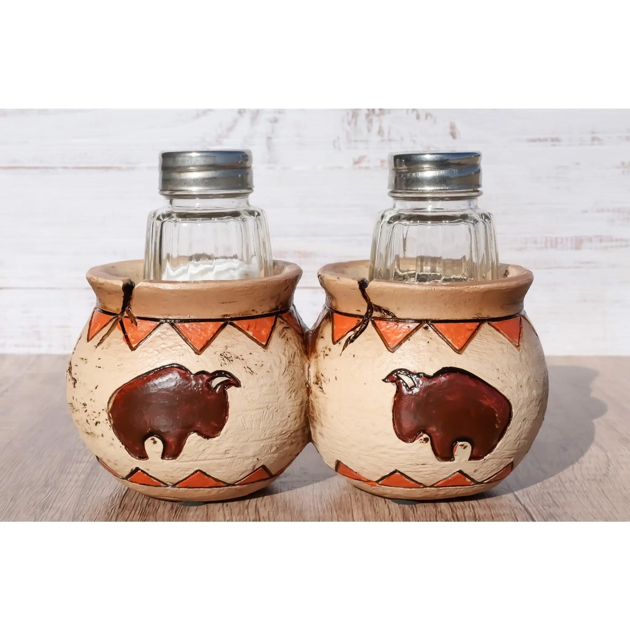 Rustic Hand-Painted Western Native American Buffalo Bison Kitchenware Set - Canister Jars, Salt and Pepper Shakers, Seasoning Utensils Holder