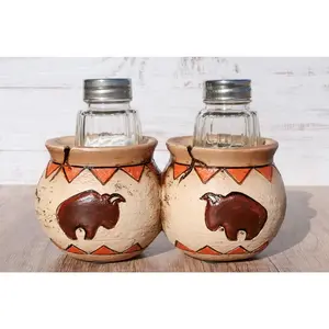 Western Native American Buffalo Bison Canister Jars Salt Pepper Shakers Holder