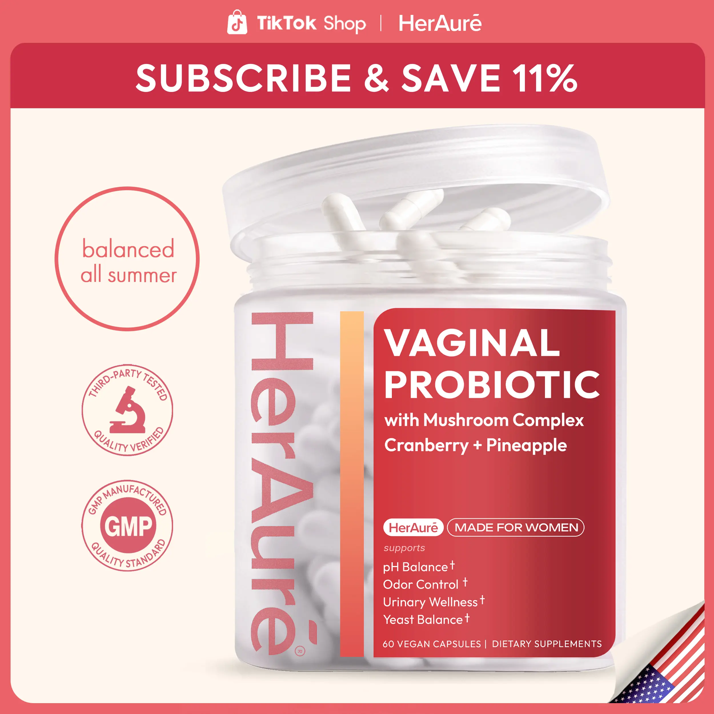 HerAuré Women’s Probiotics - pH Balance, Odor Control, Flora Health - 7 Billion CFU Probiotic, Prebiotic, 7-in-1 Mushroom Blend, Cranberry, Pineapple - 60 Capsules, Self-Care Gift, beach essentials, Deals For You Days
