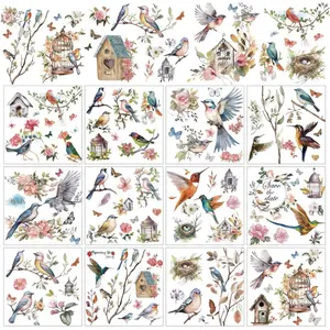 12 Sheets Birds Flowers Rub on Transfers for Crafts and Furniture Classic Birds Floral Rub on Transfer Sticker 5.5 x 5.5 Inch Vintage Furniture Decals for Home Office Paper Wood DIY Craft